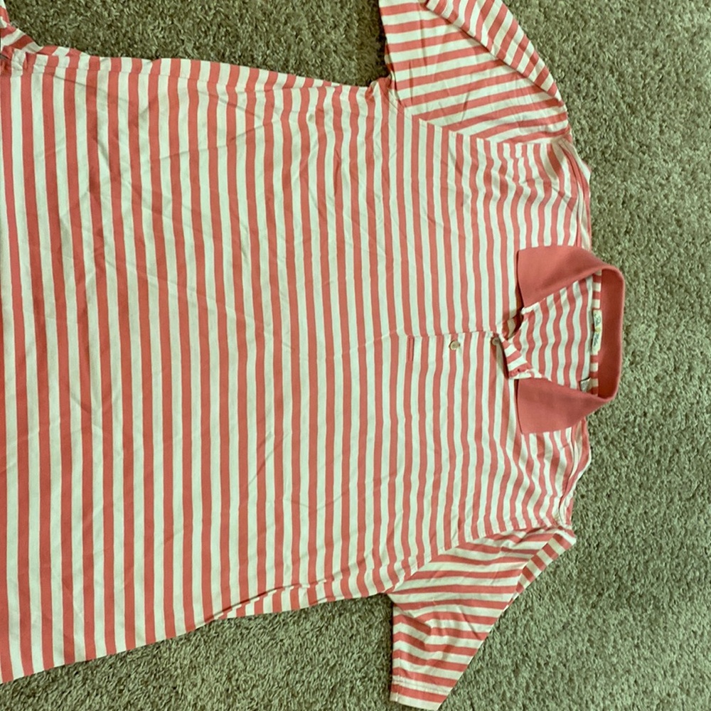 Short sleeve Peter Millar collared shirt. Pink and white stripes. Lightly used.